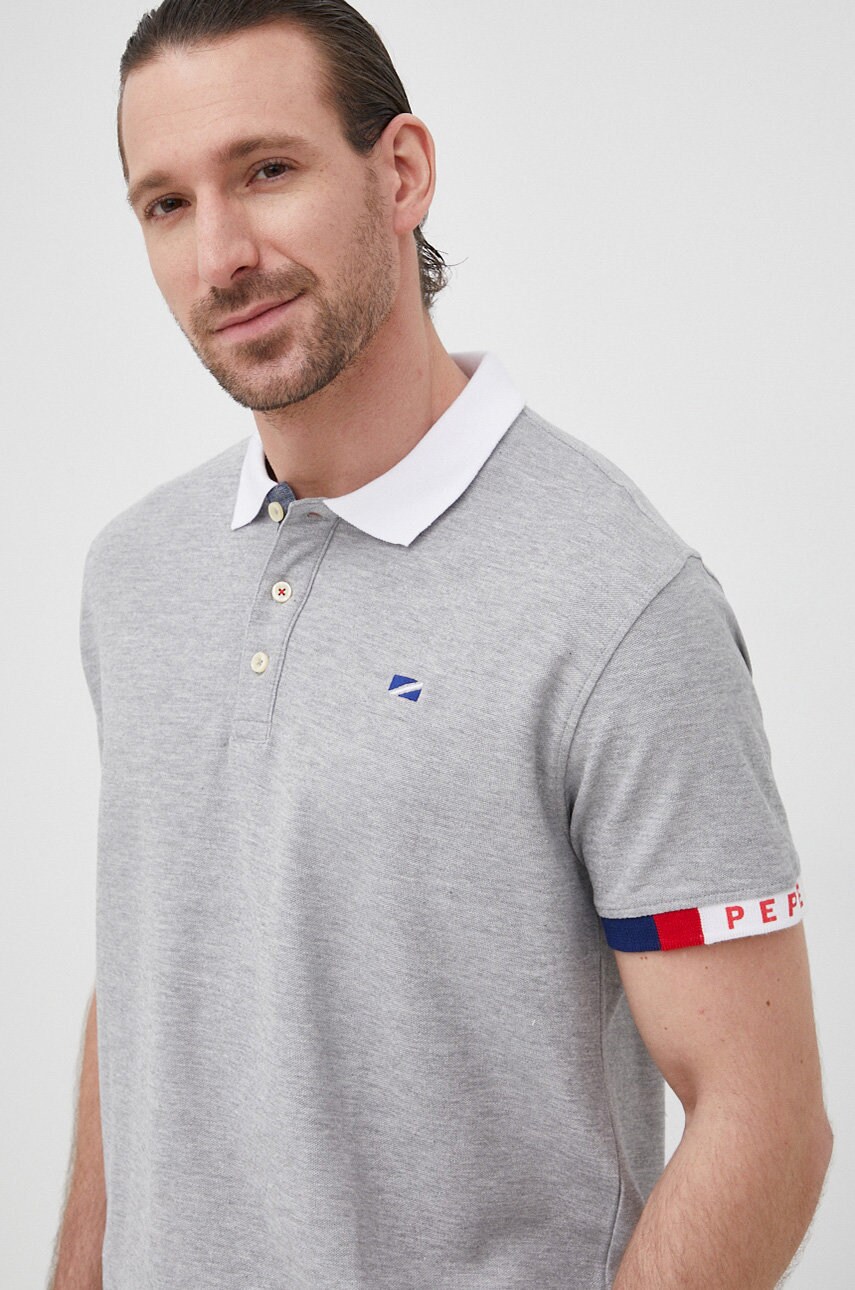 Pepe Jeans tricou polo Felix barbati, culoarea gri, cu imprimeu