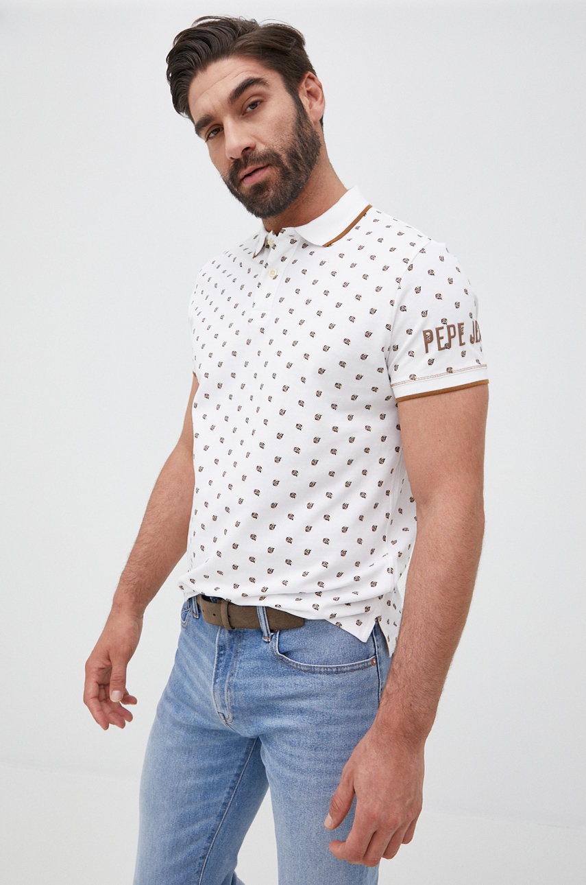

Памучна тениска с яка Pepe Jeans Fineas в бяло с десен, Бял
