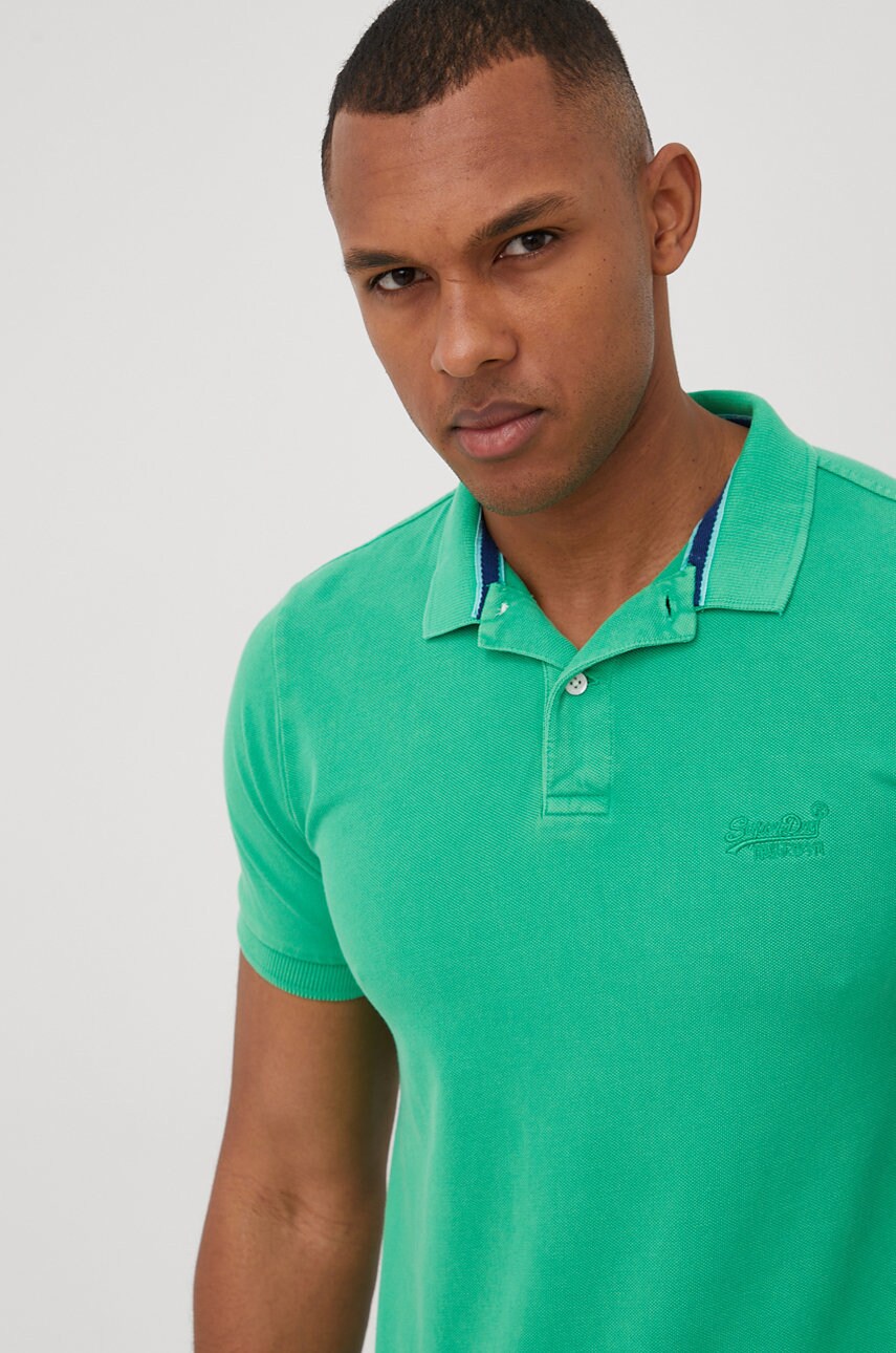Superdry polo de bumbac culoarea verde, neted