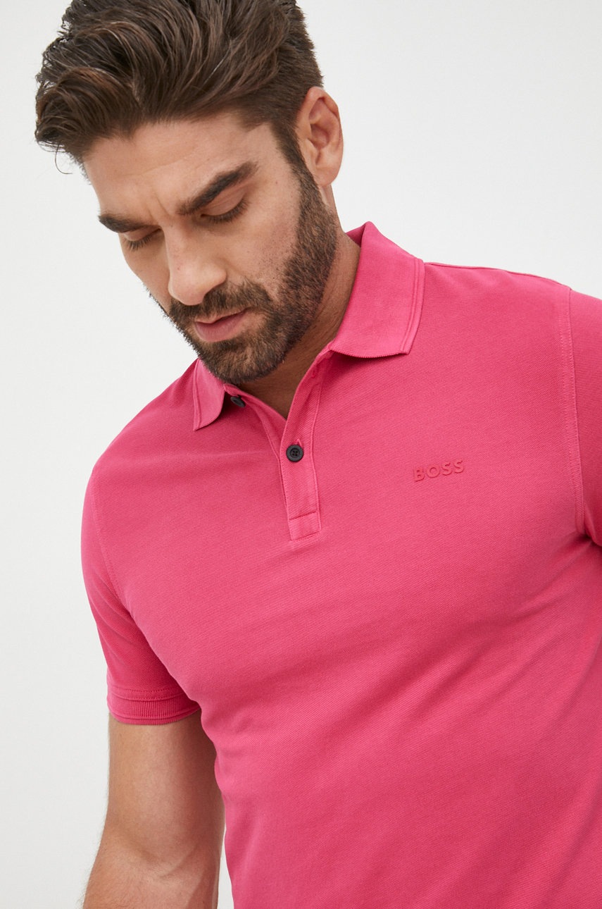 

Памучна тениска с яка BOSS Boss Casual в лилаво с изчистен дизайн, Розов