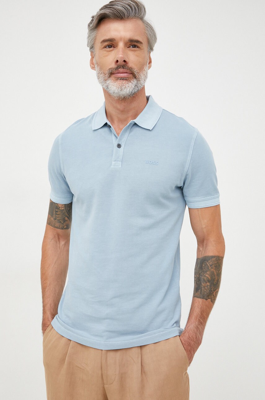 

Памучна тениска с яка BOSS Boss Casual с изчистен дизайн, Син