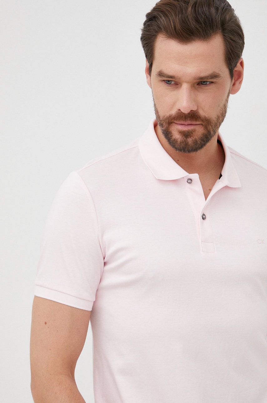 

Памучна тениска с яка Calvin Klein в розово с изчистен дизайн, Розов