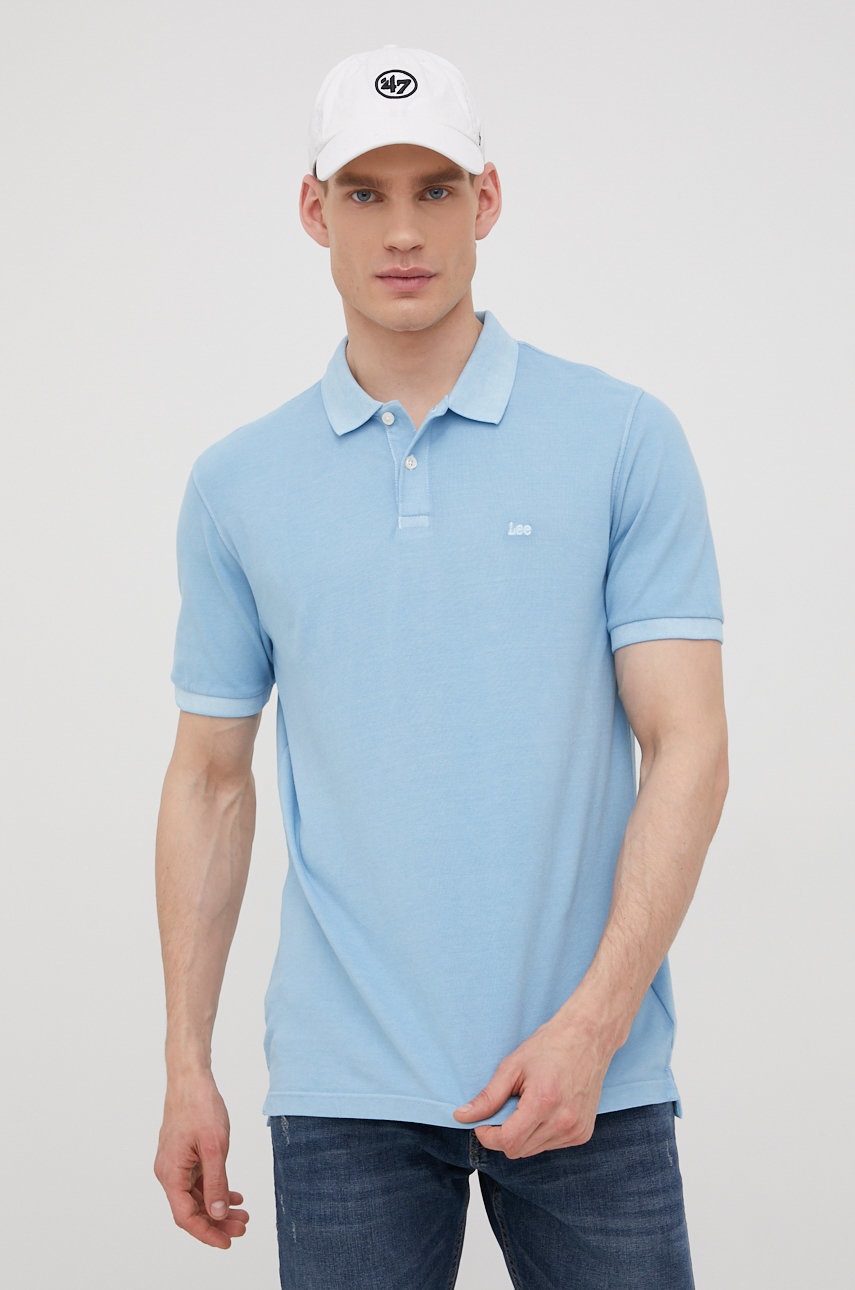 

Памучна тениска с яка Lee с изчистен дизайн, Син