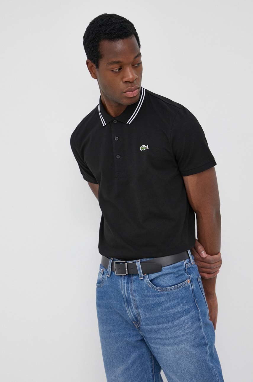 

Памучна тениска с яка Lacoste в черно с изчистен дизайн, Черен