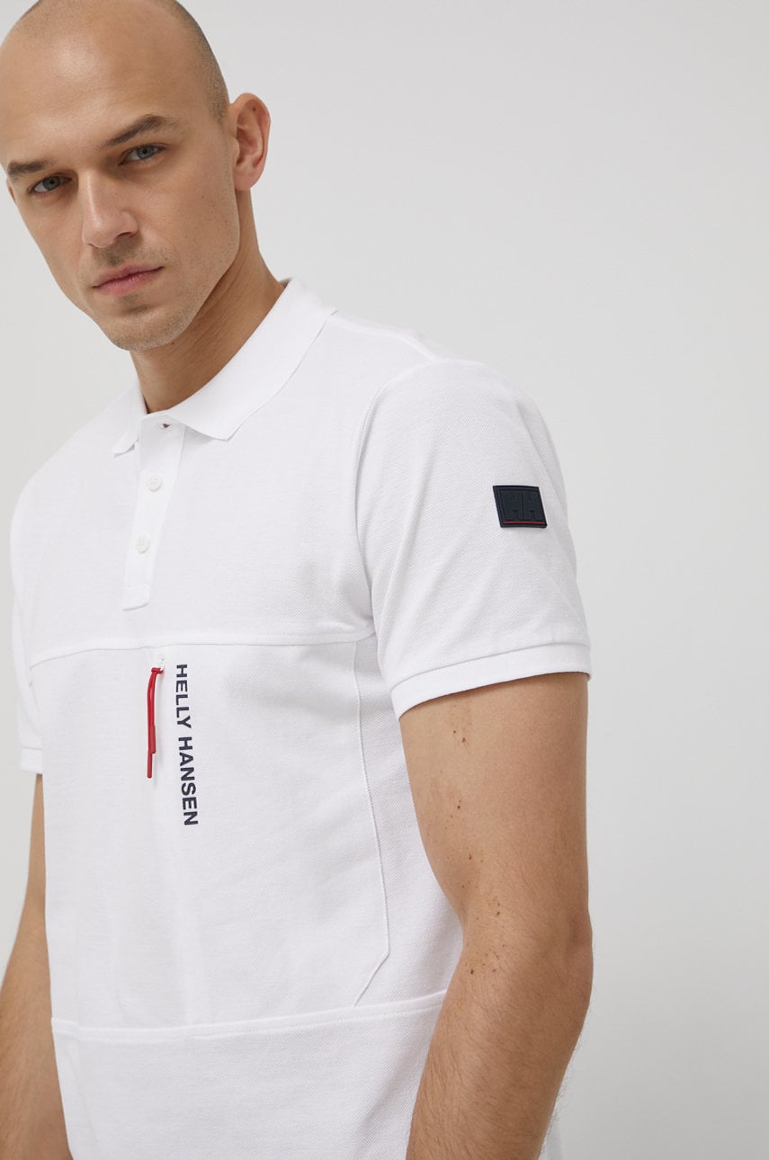 Helly Hansen polo de bumbac culoarea alb, cu imprimeu