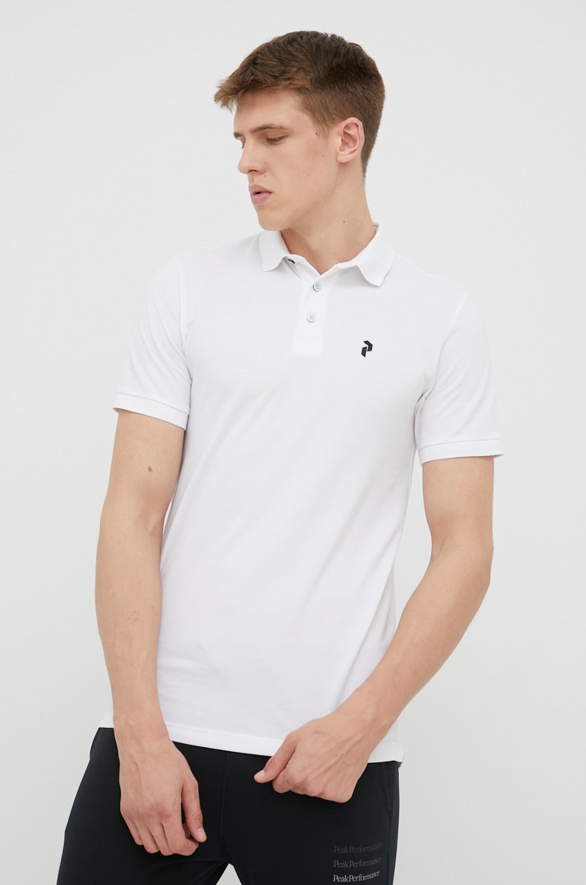 Peak Performance polo de bumbac culoarea alb, neted