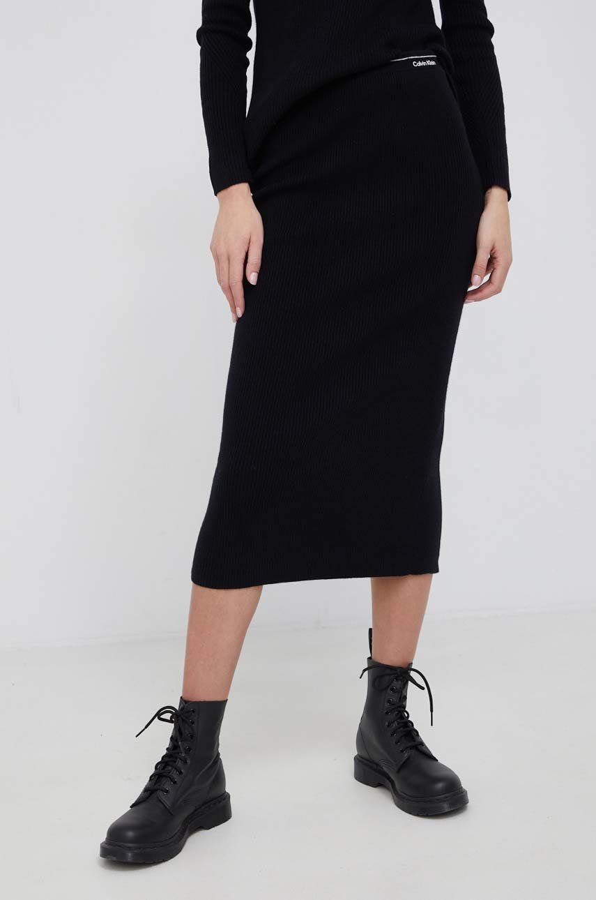 Calvin Klein Spódnica z domieszką wełny kolor czarny midi prosta