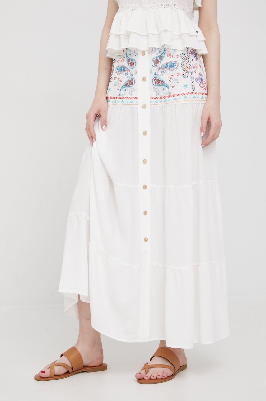 

Спідниця з домішкою льону Desigual колір білий maxi розкльошена