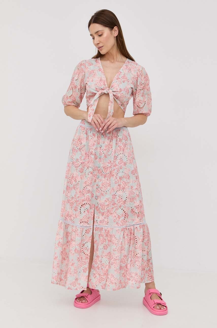 

Бавовняна спідниця Guess колір зелений maxi розкльошена