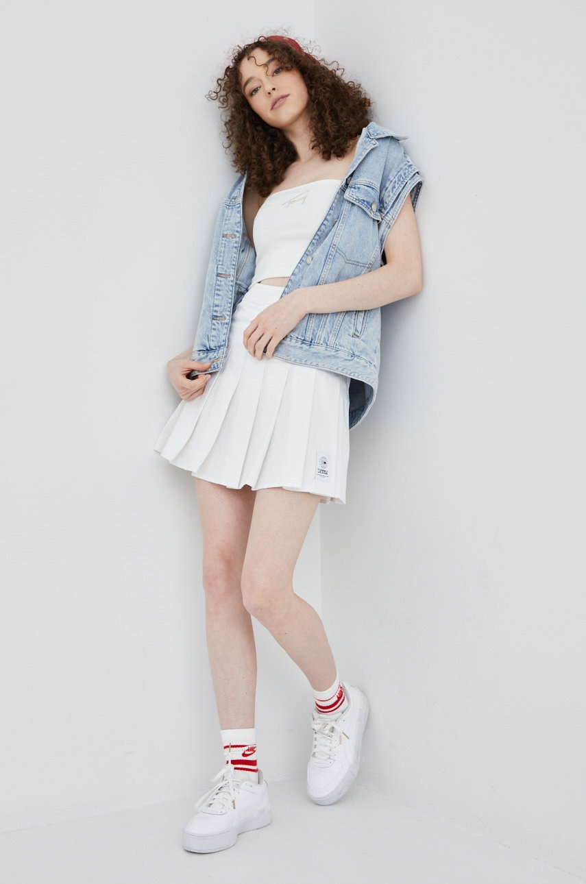 

Спідниця з домішкою льону Tommy Jeans колір білий mini розкльошена
