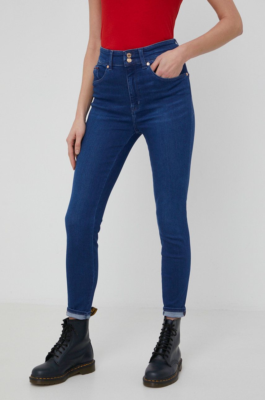 Džíny Tommy Jeans Ce353 dámské, high waist - námořnická modř -  80% Bavlna