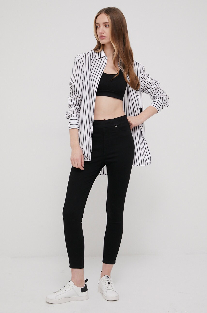 Hugo pantaloni femei, culoarea negru, mulata, high waist