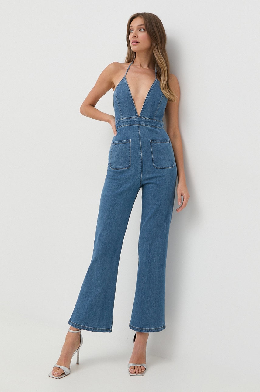 Bardot salopeta jeans cu decolteu in v