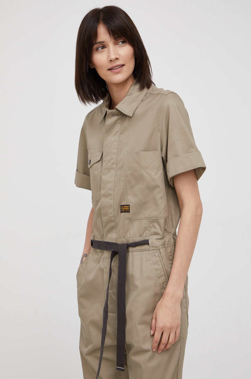 

Памучен гащеризон G-Star Raw в бежово от памук с яка тип peter pan, Зелен