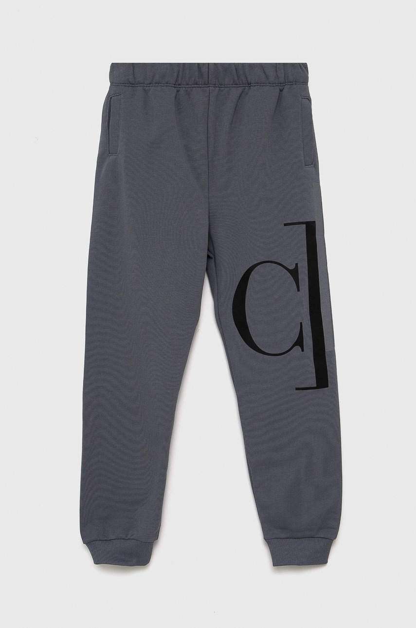 

Детски памучен панталон Calvin Klein Jeans в сиво с принт, Сив