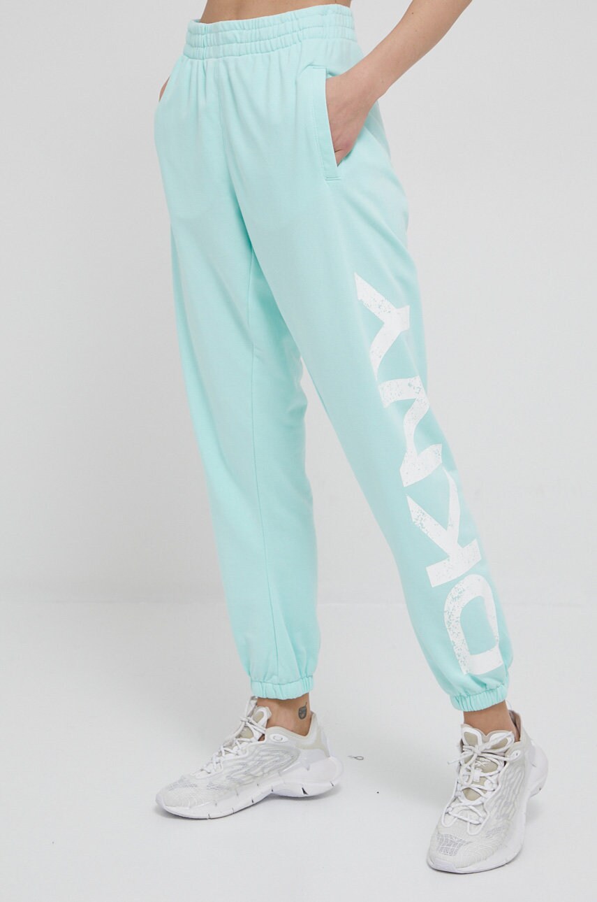 Dkny pantaloni femei, culoarea turcoaz, cu imprimeu