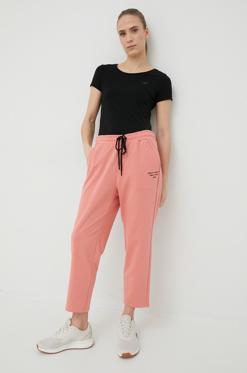 Dkny spodnie dresowe damskie kolor różowy z nadrukiem
