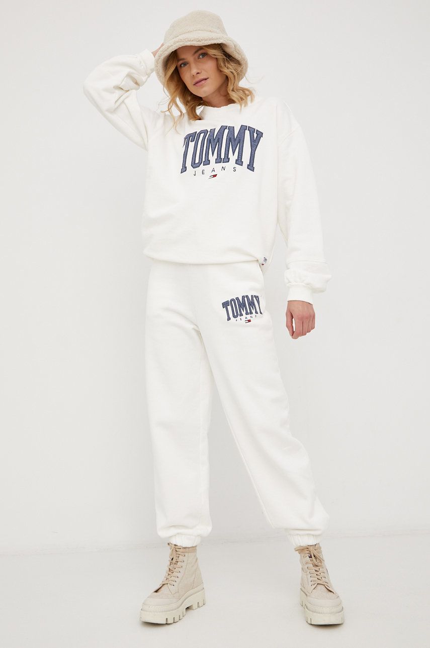 Tommy Jeans Pantaloni femei, culoarea alb, cu imprimeu
