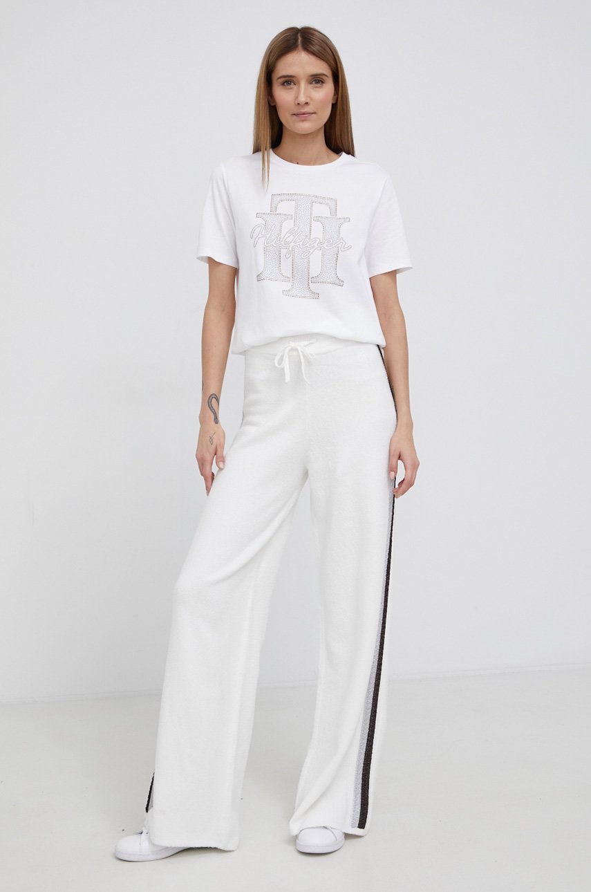 Kalhoty Tommy Hilfiger dámské, bílá barva, s potiskem - bílá -  Hlavní materiál: 48% Bavlna