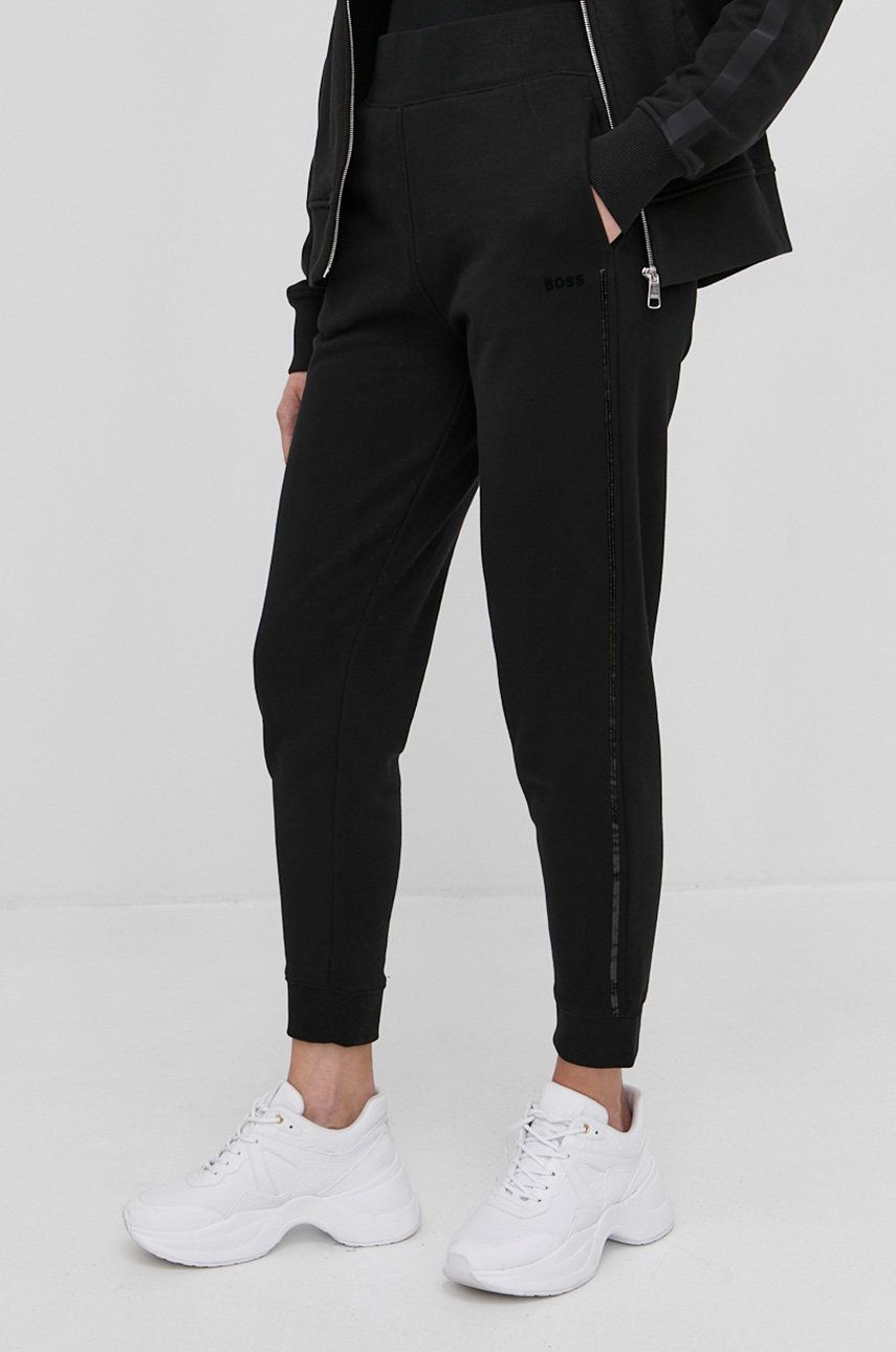 Boss pantaloni de bumbac femei, culoarea negru, drept, high waist