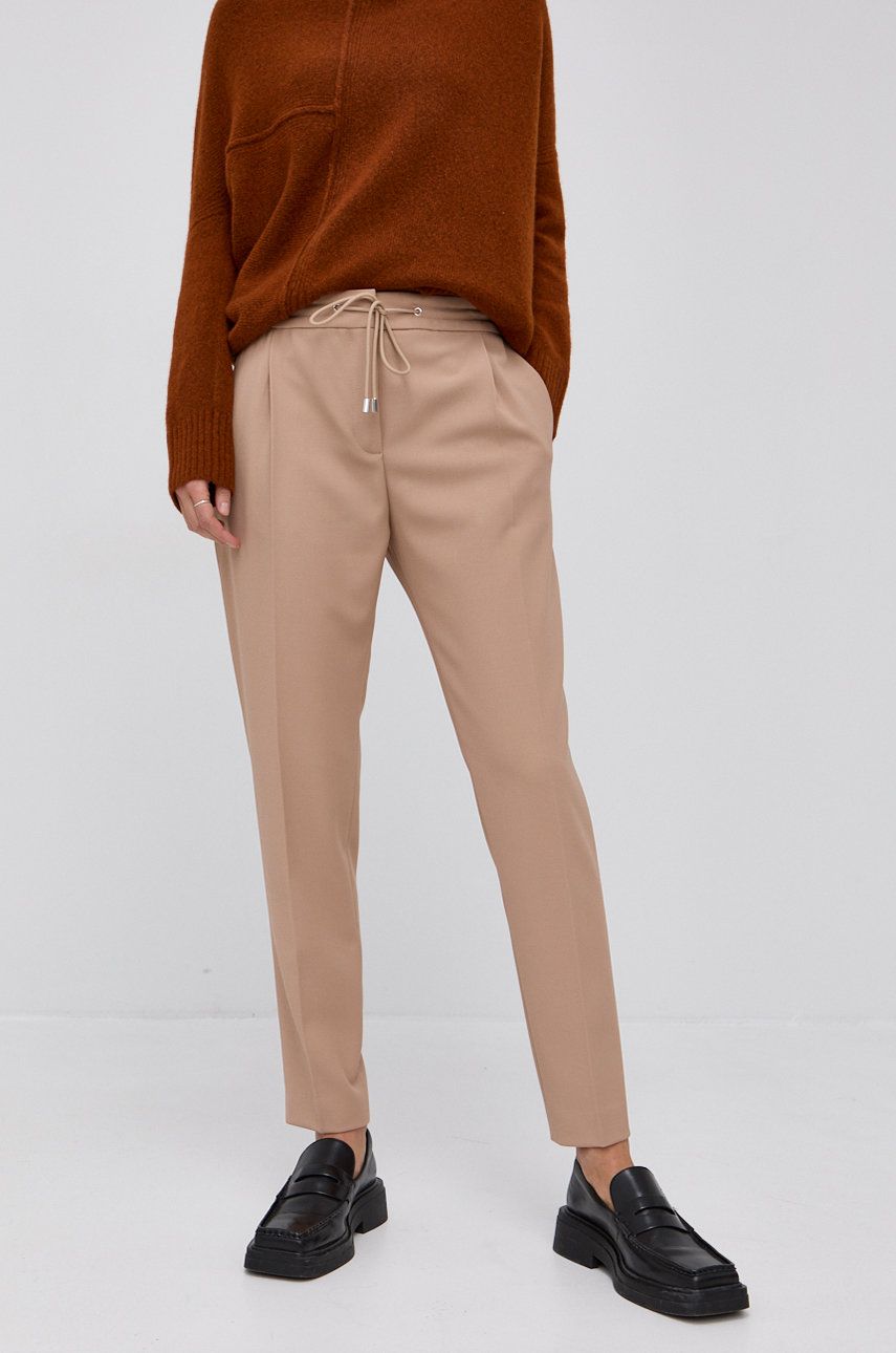 Hugo Pantaloni din lână femei, culoarea bej, model drept, high waist answear.ro