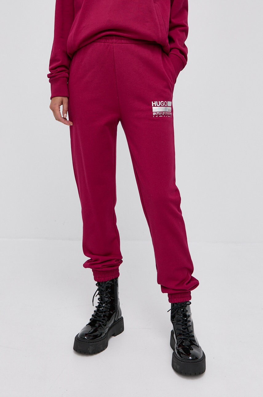 Hugo pantaloni de bumbac femei, culoarea roz, cu imprimeu