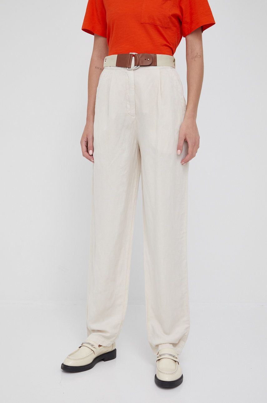 Kalhoty s lněnou směsí Emporio Armani dámské, béžová barva, jednoduché, high waist - béžová -  