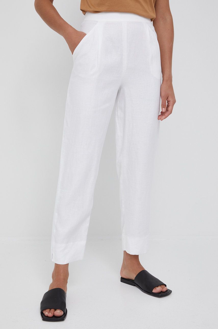 Emporio Armani pantaloni din in femei, culoarea alb, lat, high waist alb