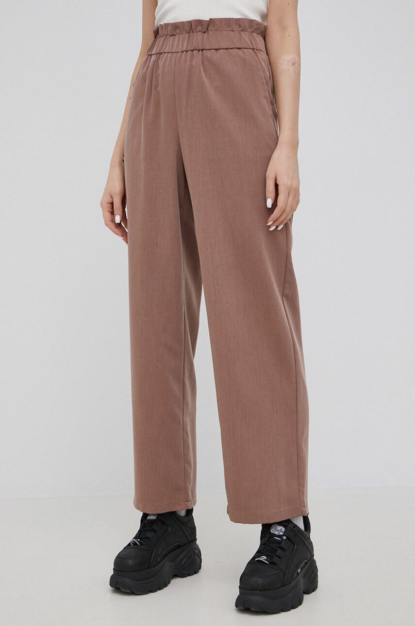 Noisy May pantaloni femei, culoarea maro, drept, high waist