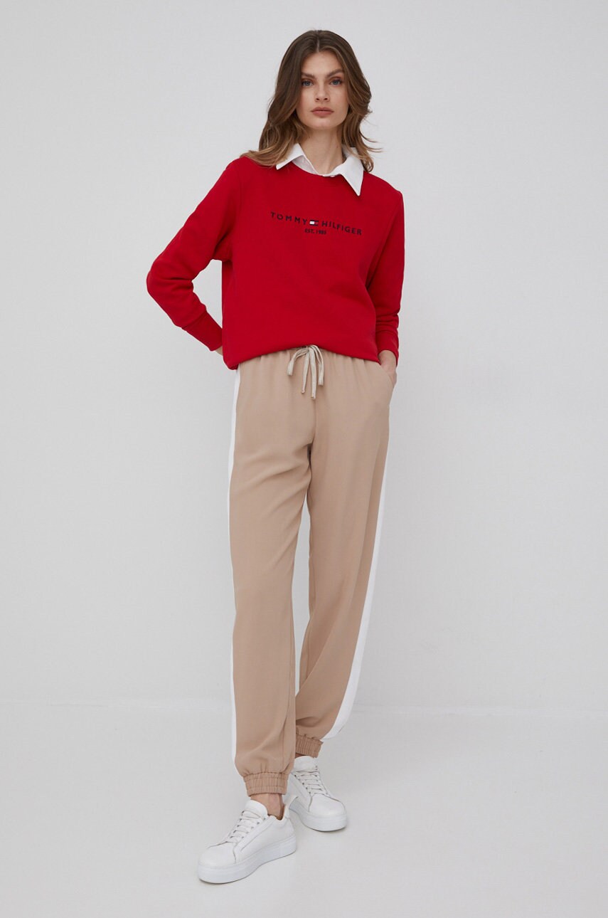 Levně Kalhoty Tommy Hilfiger dámské, béžová barva, hladké