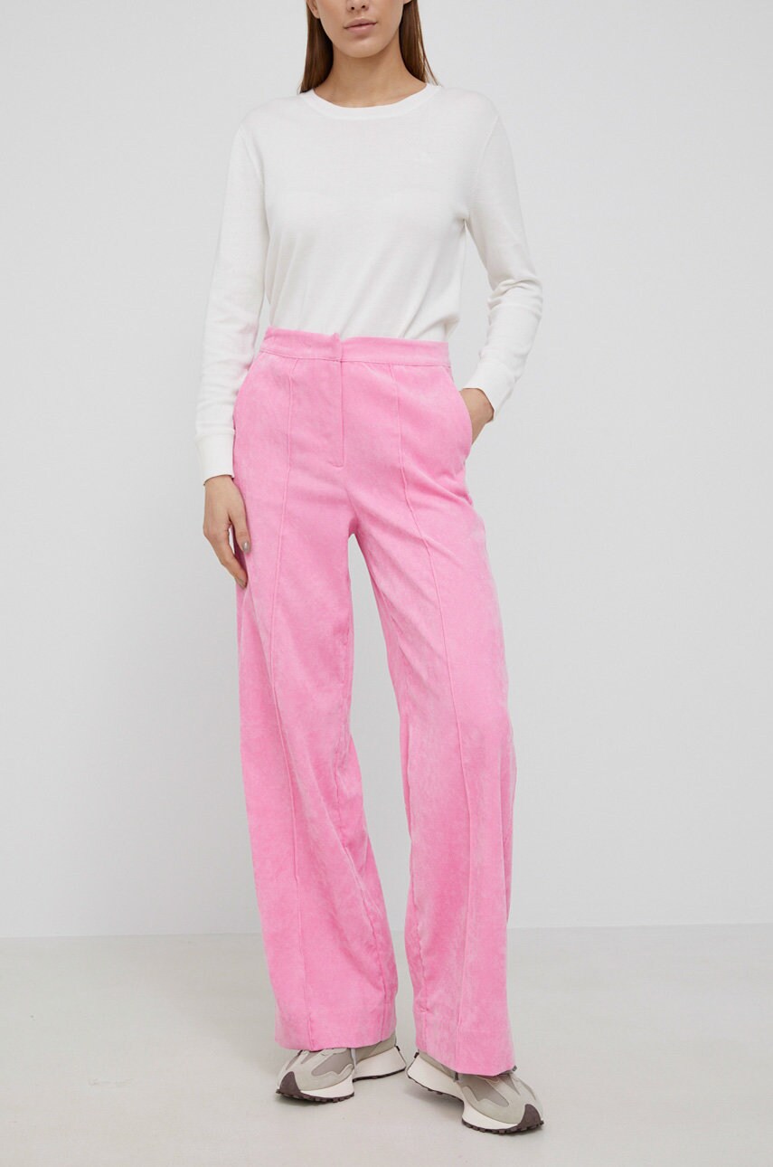 Y.a.s pantaloni de catifea cord femei, culoarea roz, lat, high waist