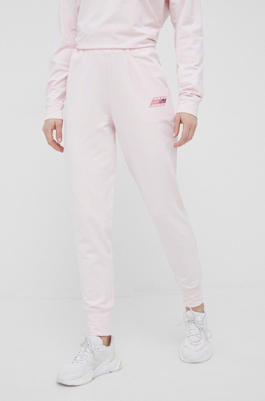 Levně Kalhoty Tommy Hilfiger dámské, růžová barva, s potiskem