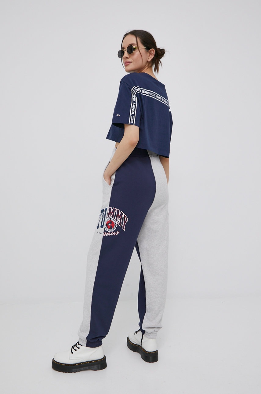 

Хлопковые брюки Tommy Jeans женские цвет синий меланж