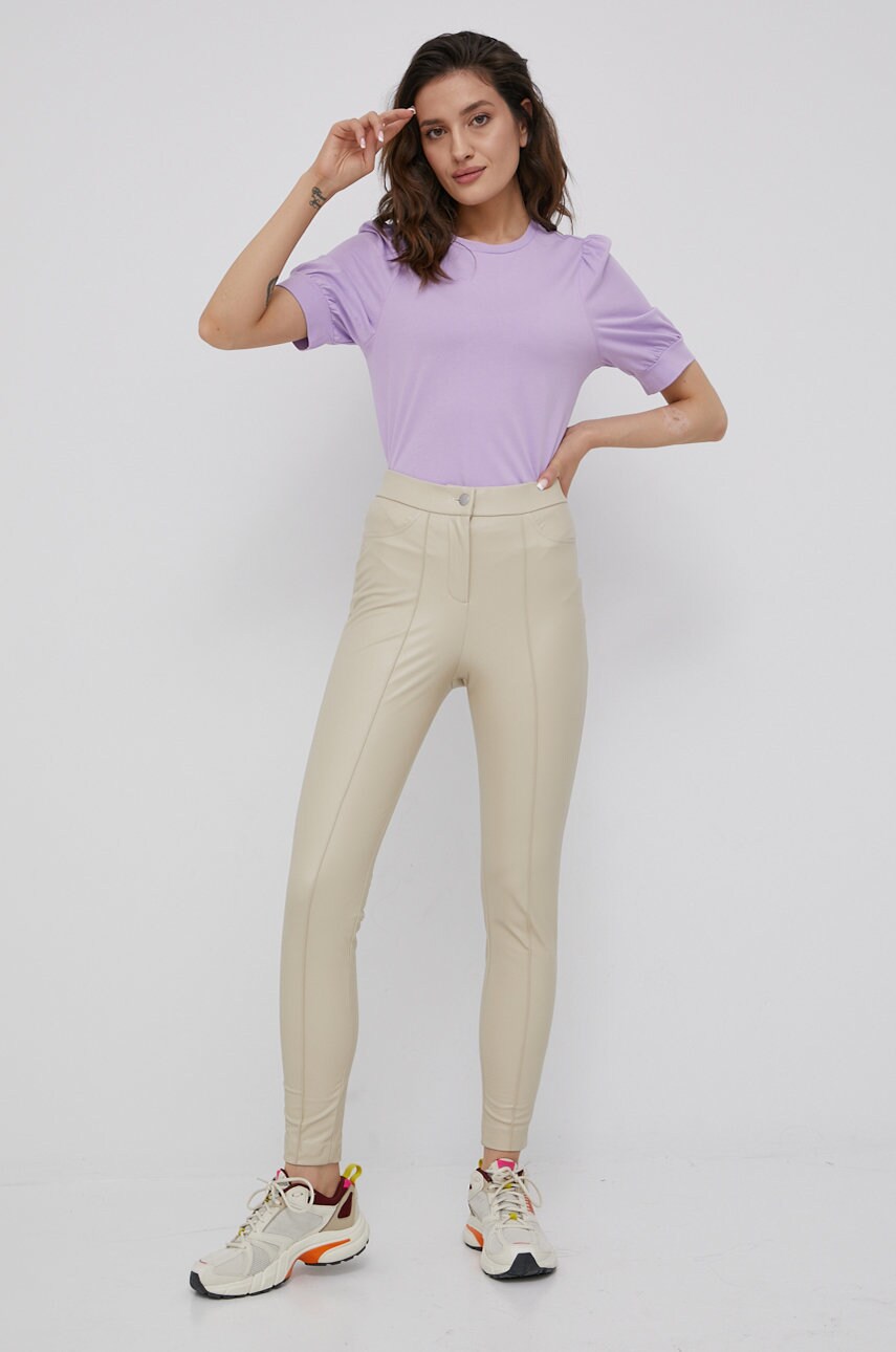 Vila pantaloni femei, culoarea bej, mulata, high waist
