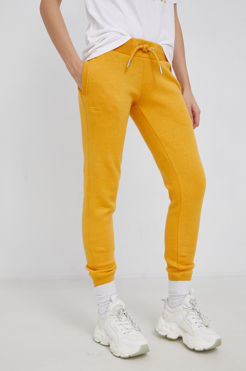 Superdry pantaloni femei, culoarea galben, material neted