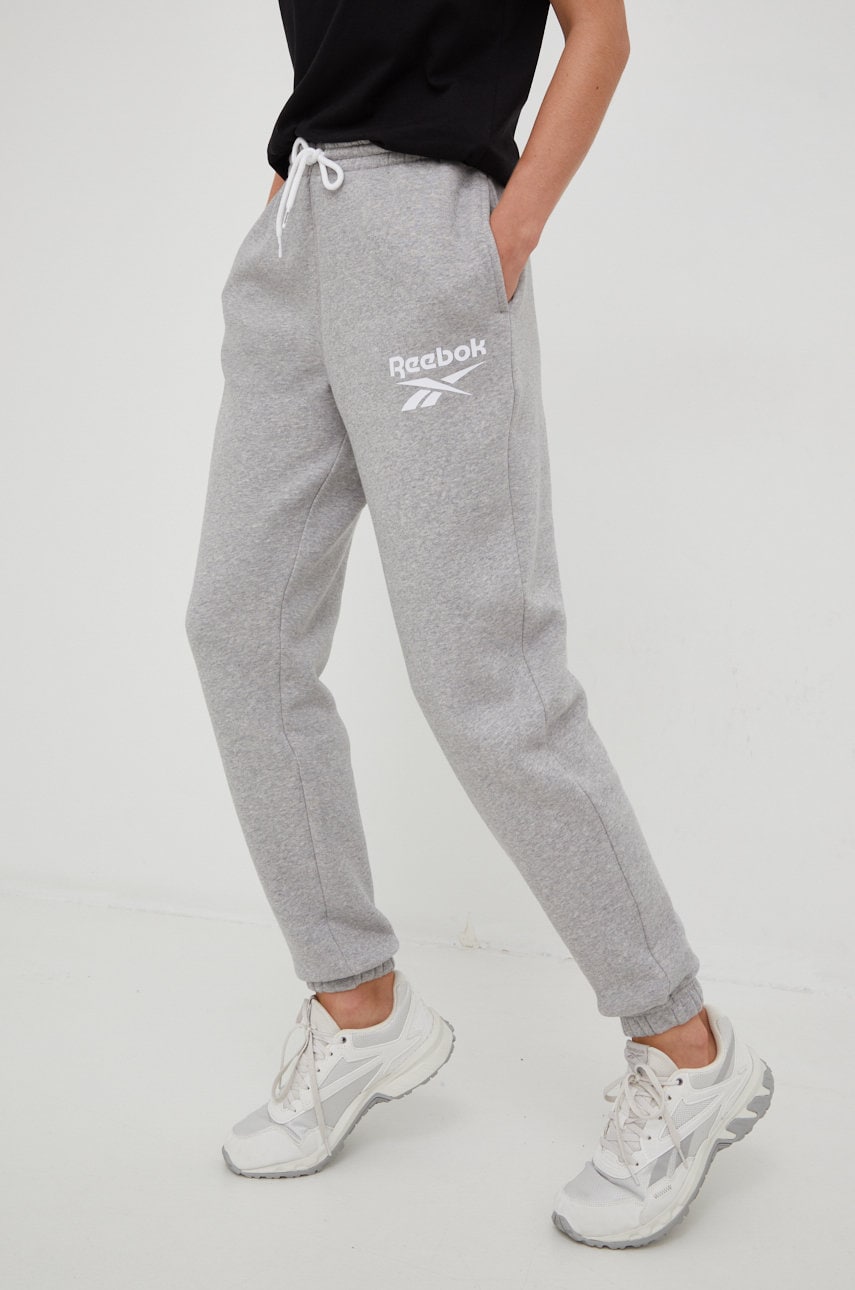 Reebok pantaloni de trening femei, culoarea gri, melanj