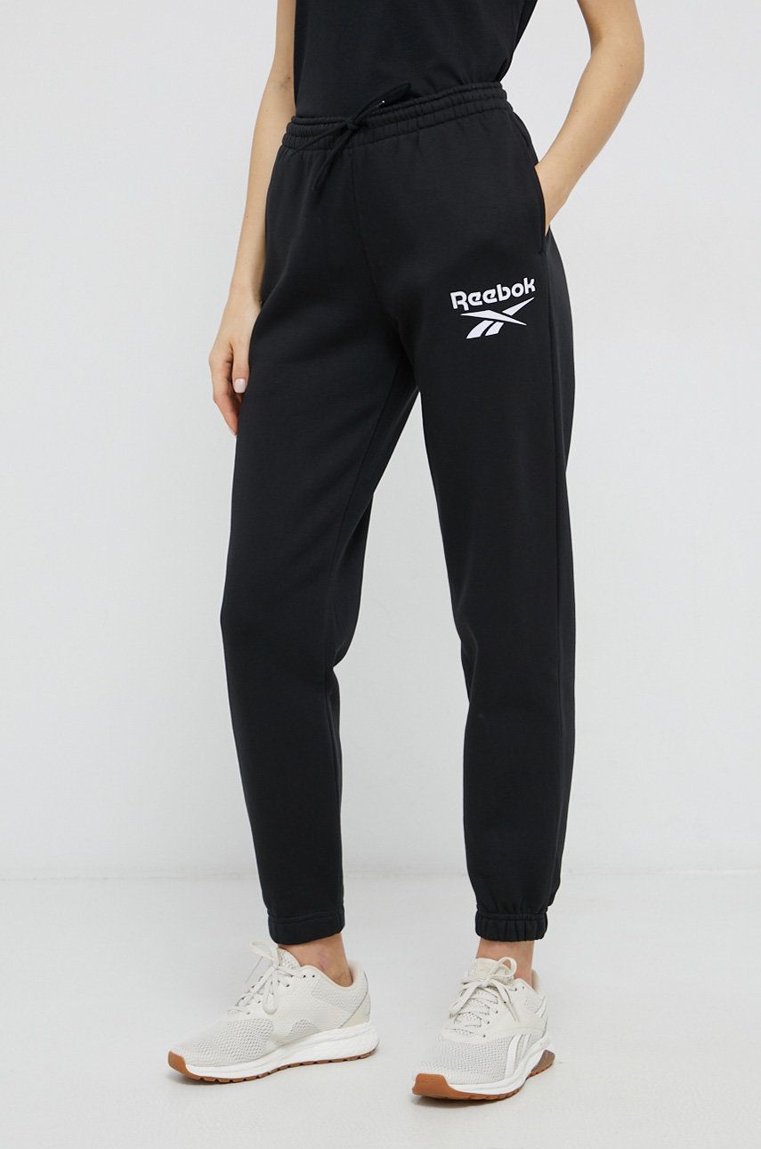Reebok Pantaloni femei, culoarea negru, cu imprimeu answear.ro