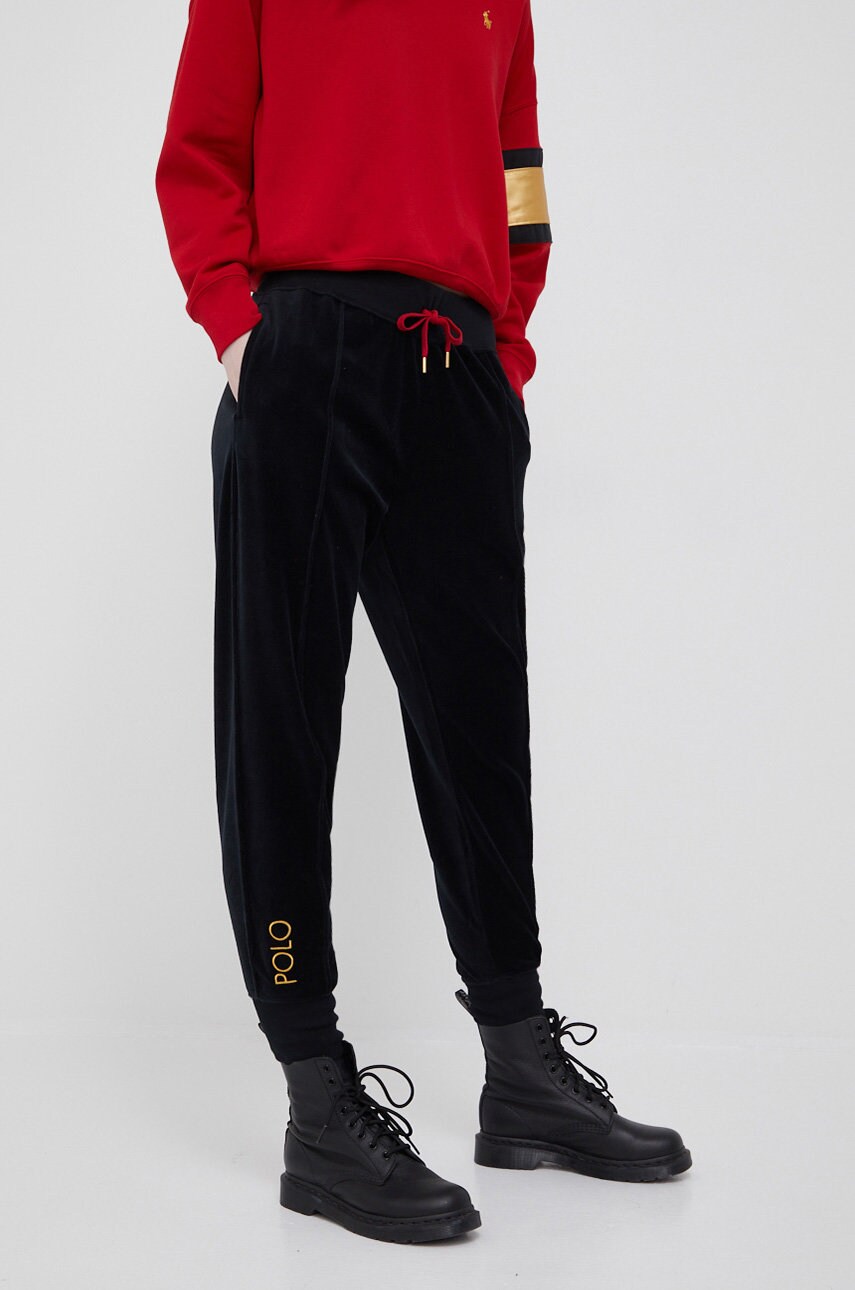 

Панталони Polo Ralph Lauren дамско в черно с изчистен дизайн, Черен