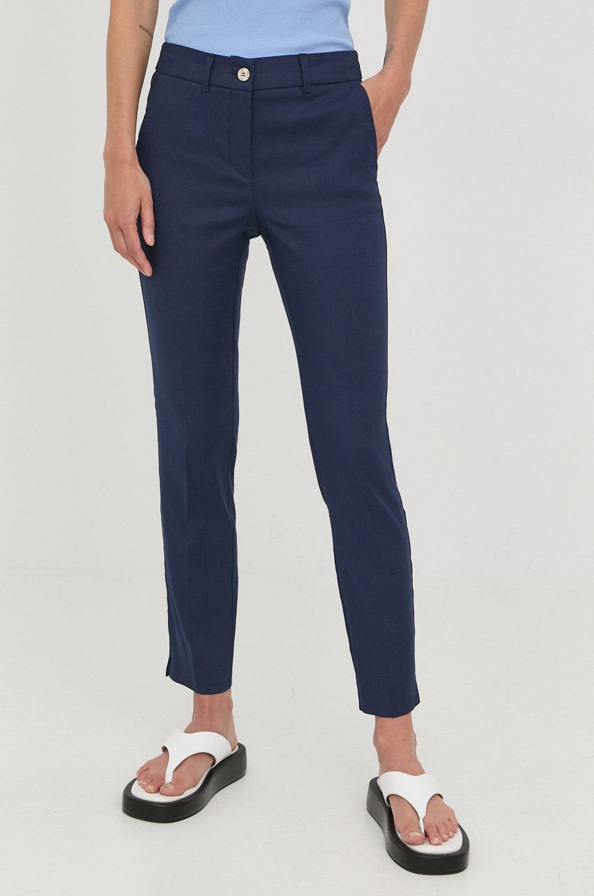 Marella pantaloni din in femei, culoarea albastru marin, fason tigareta, medium waist answear.ro