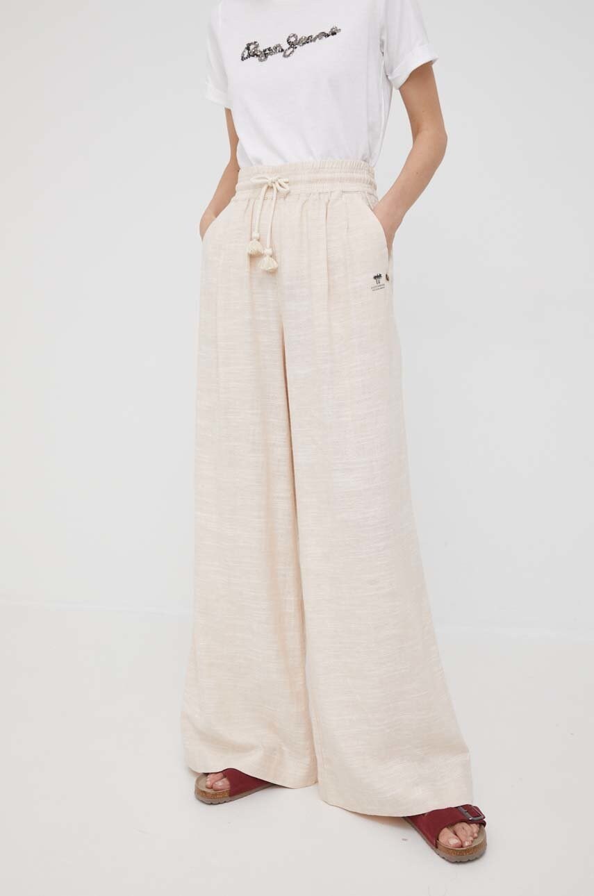 Scotch & soda pantaloni din amestec de in femei, culoarea bej, lat, high waist