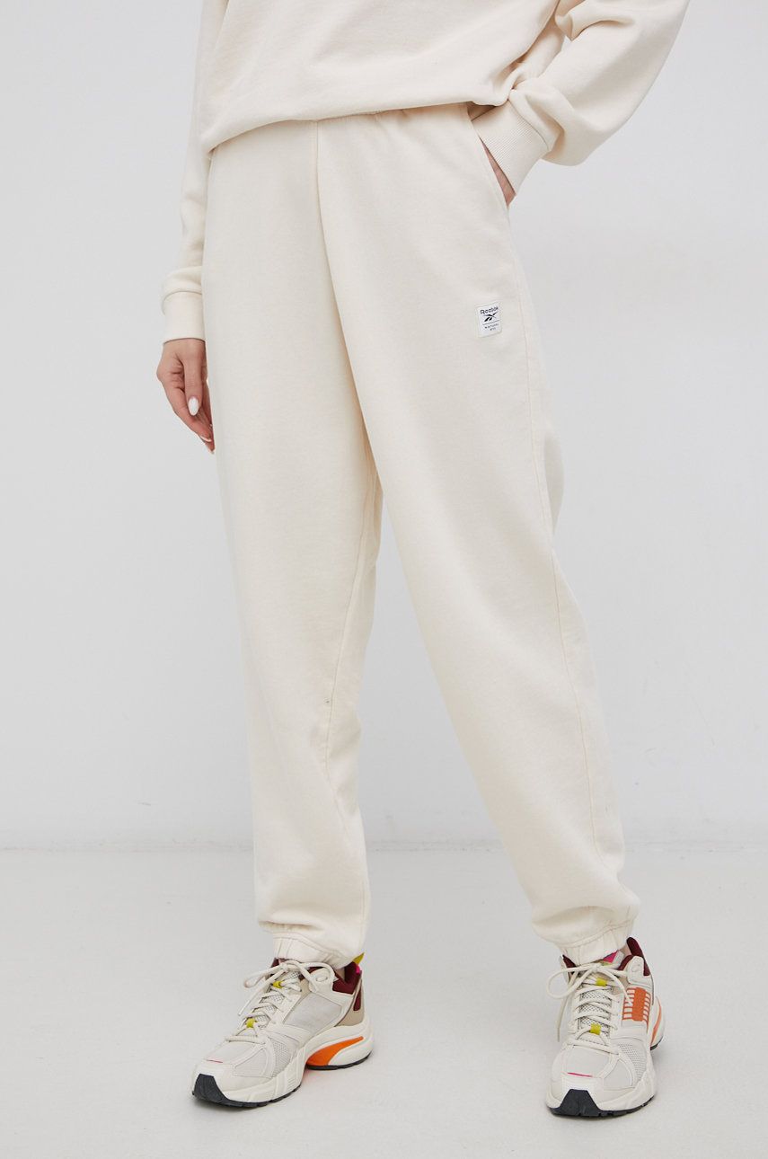 Reebok Classic pantaloni de bumbac H49295 femei, culoarea crem, neted answear.ro