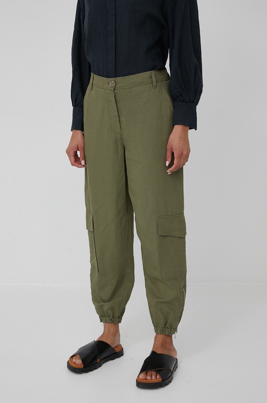 Marc o'polo pantaloni din amestec de in femei, culoarea verde, jogger, high waist