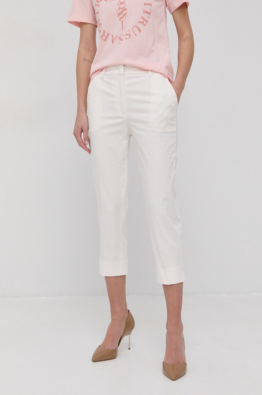 Trussardi pantaloni femei, culoarea alb, drept, high waist