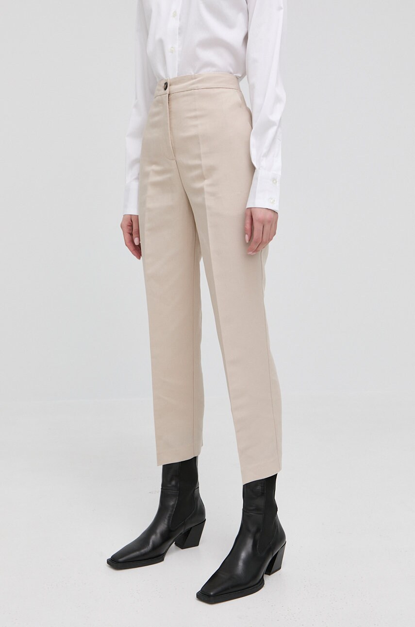 Trussardi pantaloni din in femei, culoarea bej, fason tigareta, high waist