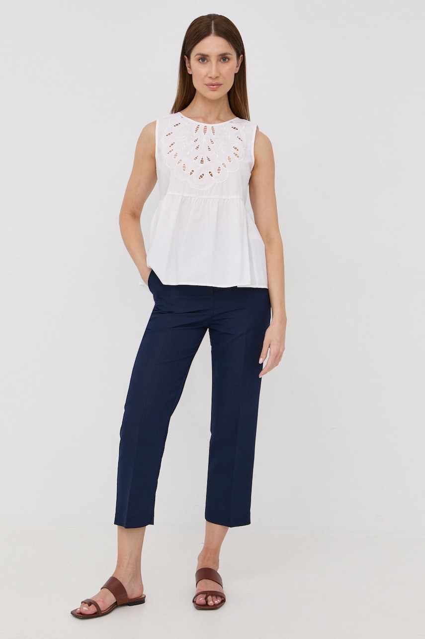 Trussardi pantaloni din in femei, culoarea albastru marin, fason tigareta, high waist