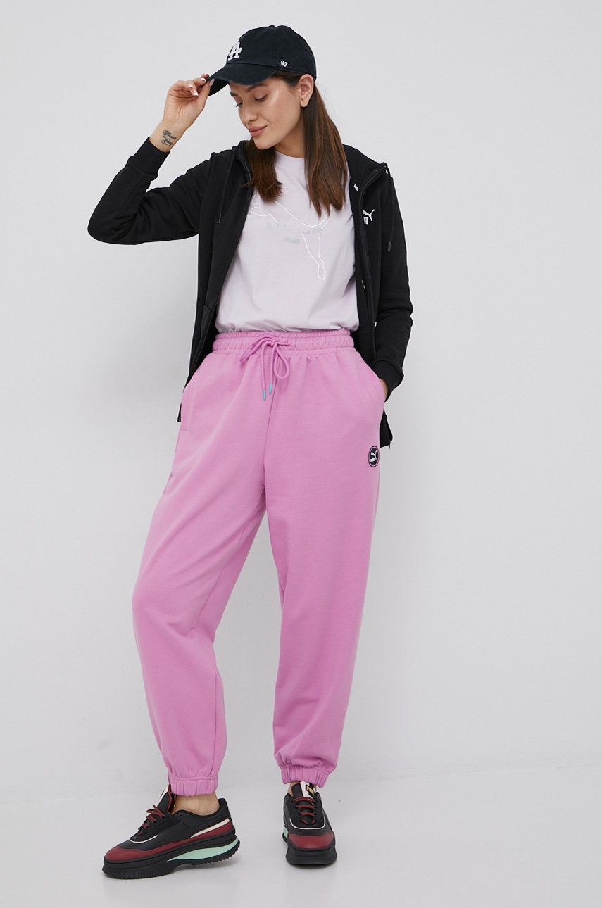Puma pantaloni de bumbac femei, culoarea roz, neted answear.ro