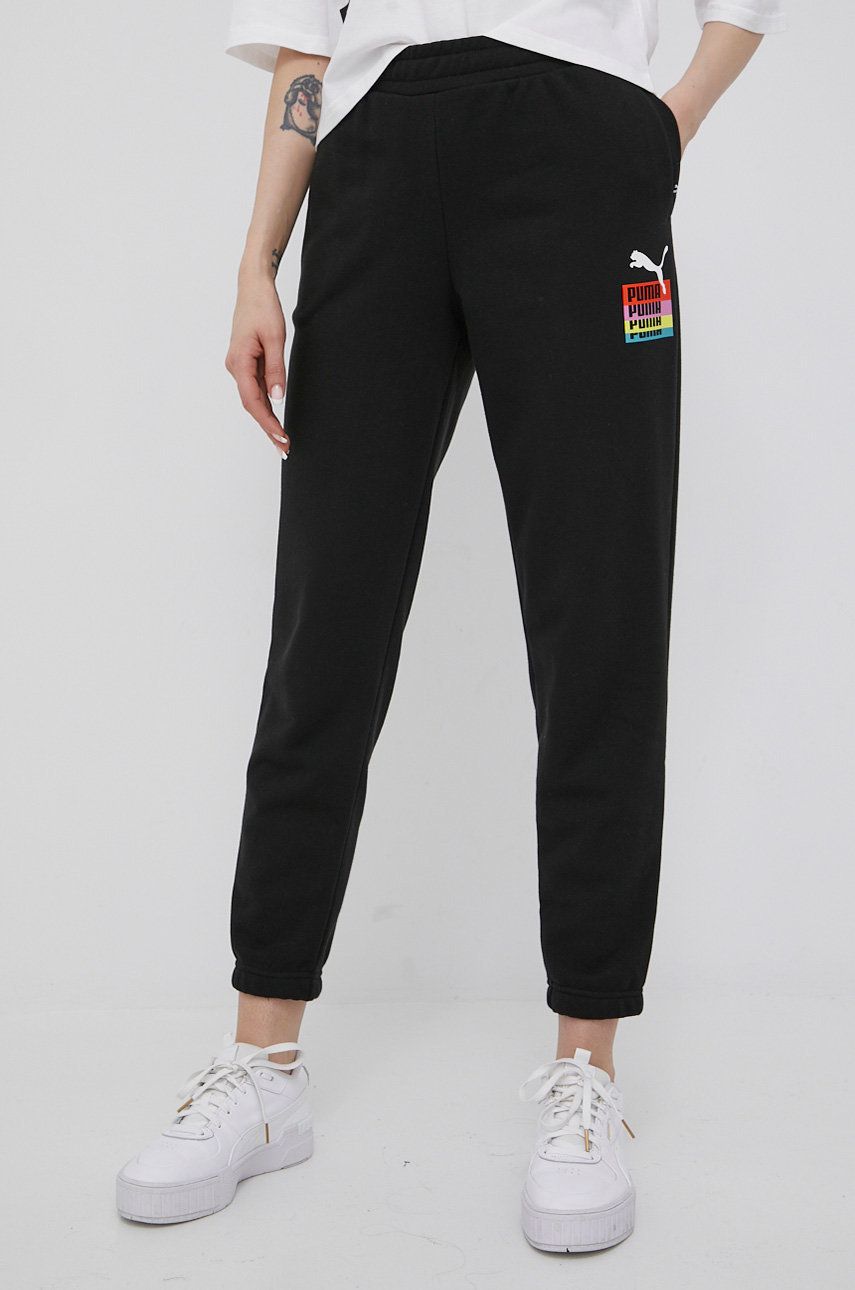 Puma pantaloni femei, culoarea negru, cu imprimeu answear.ro