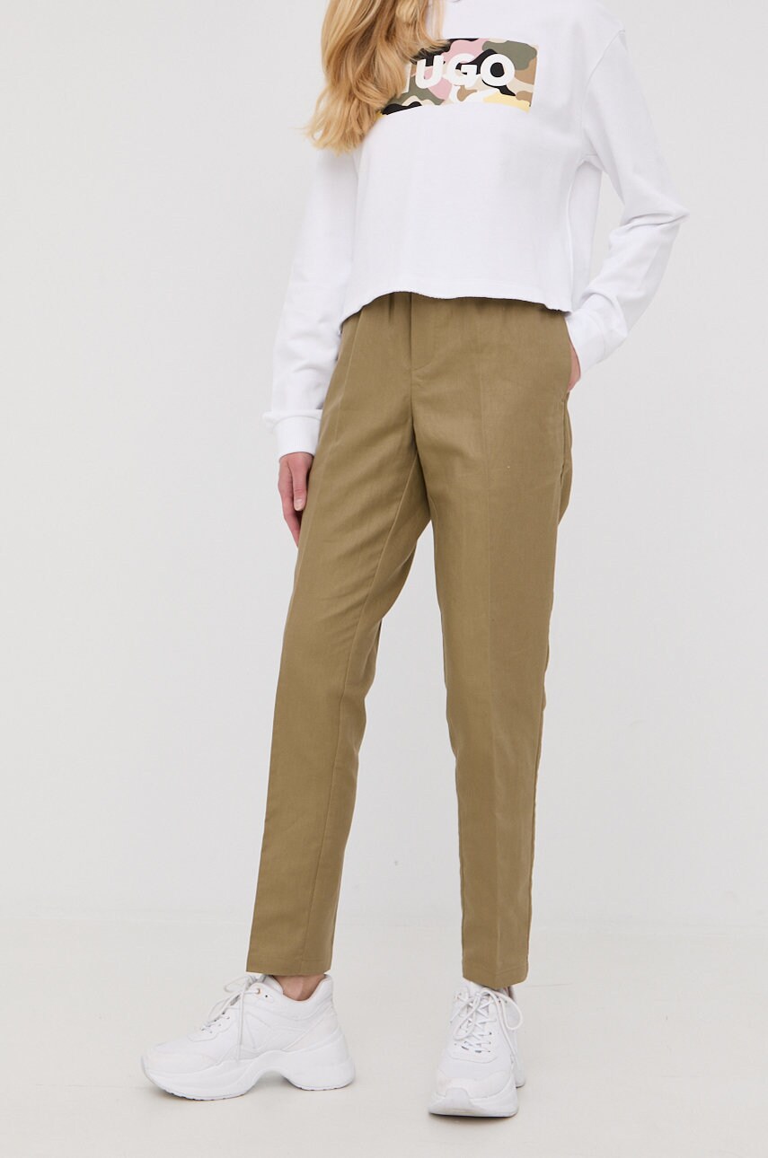 Ленен панталон Samsoe Samsoe дамско в зелено със стандартна кройка, с висока талия, Зелен