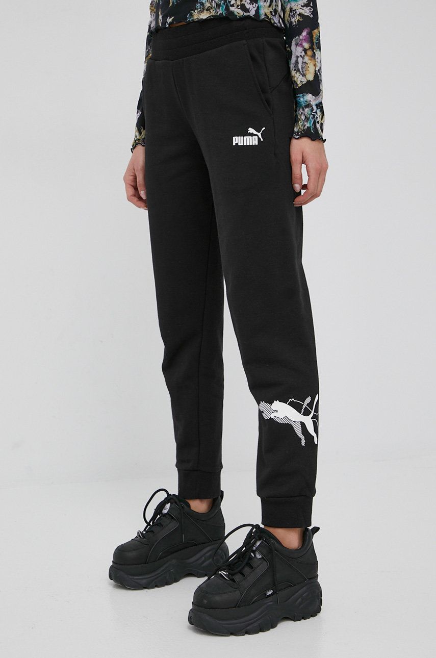 Puma pantaloni 847115 femei, culoarea negru, cu imprimeu answear.ro imagine noua 2022