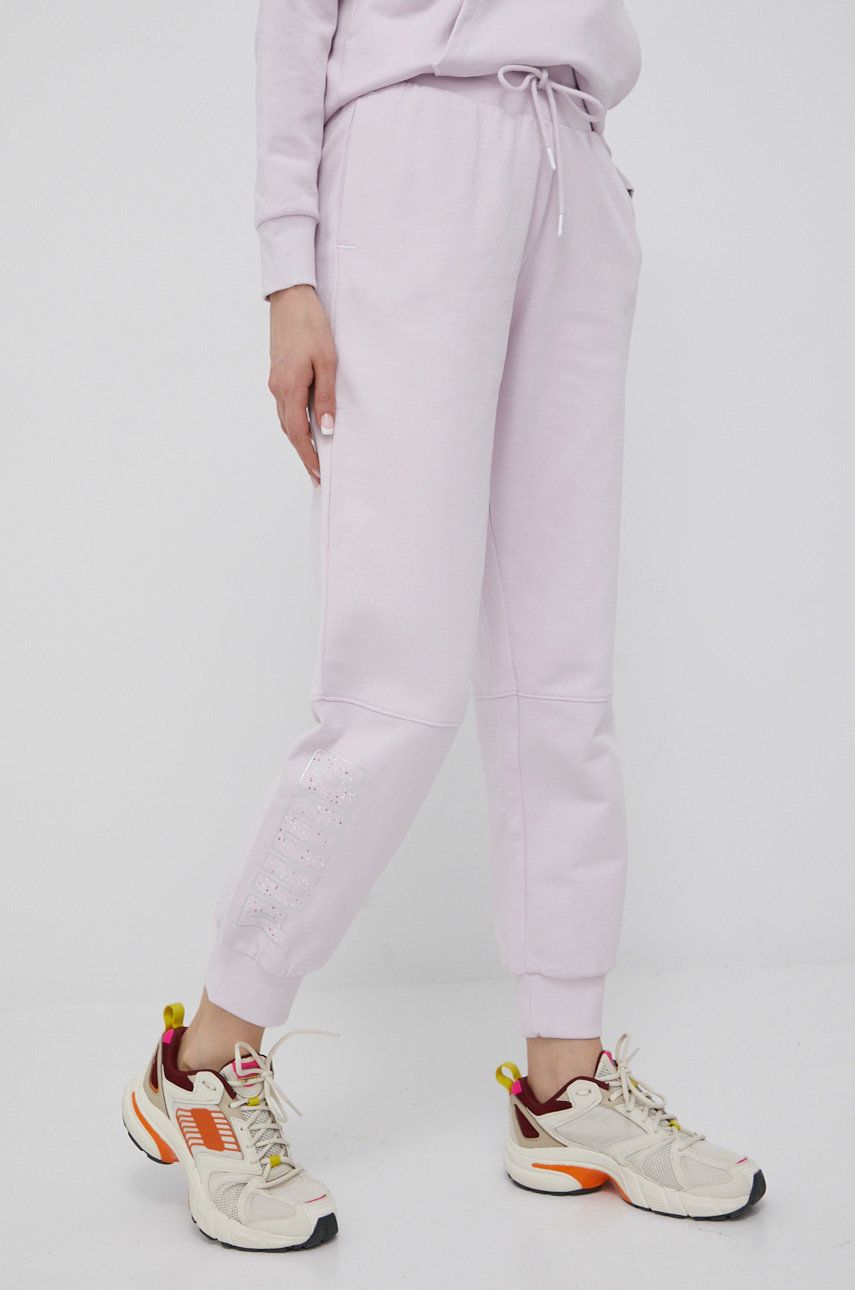 Puma pantaloni de bumbac femei, culoarea violet, cu imprimeu answear.ro